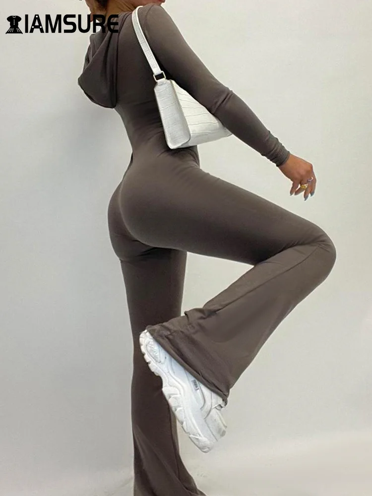 Toloer Sporty Activewear Basic Solid Jumpsuits Slim Hooded V-Neck Zipper Long Sleeve Rompers Women 2023 Autumn Winter Fashion