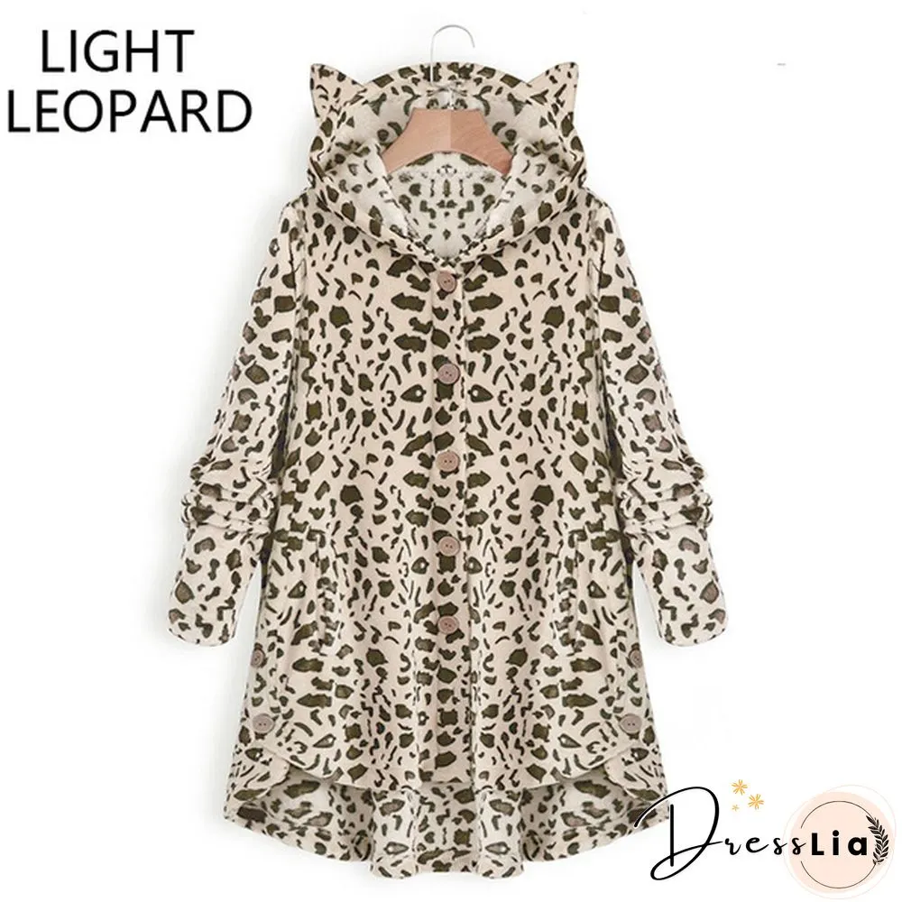 Fashion Women Coats Autumn Winter Outwear Tops Solid Color Plush Loose Cute Cat Ears Warm Fur Cardigan Coat with Pocket Plus Size S-5XL