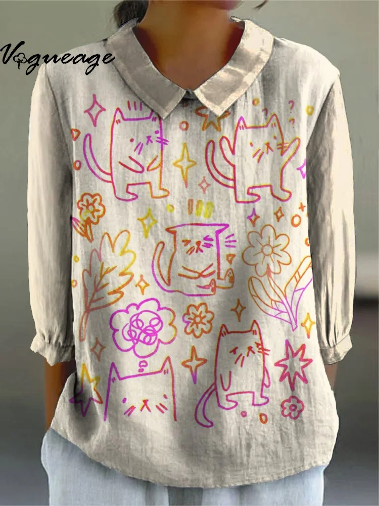 Fashion Cute Simple Hand Drawn Cat Printed Cotton And Linen Shirt