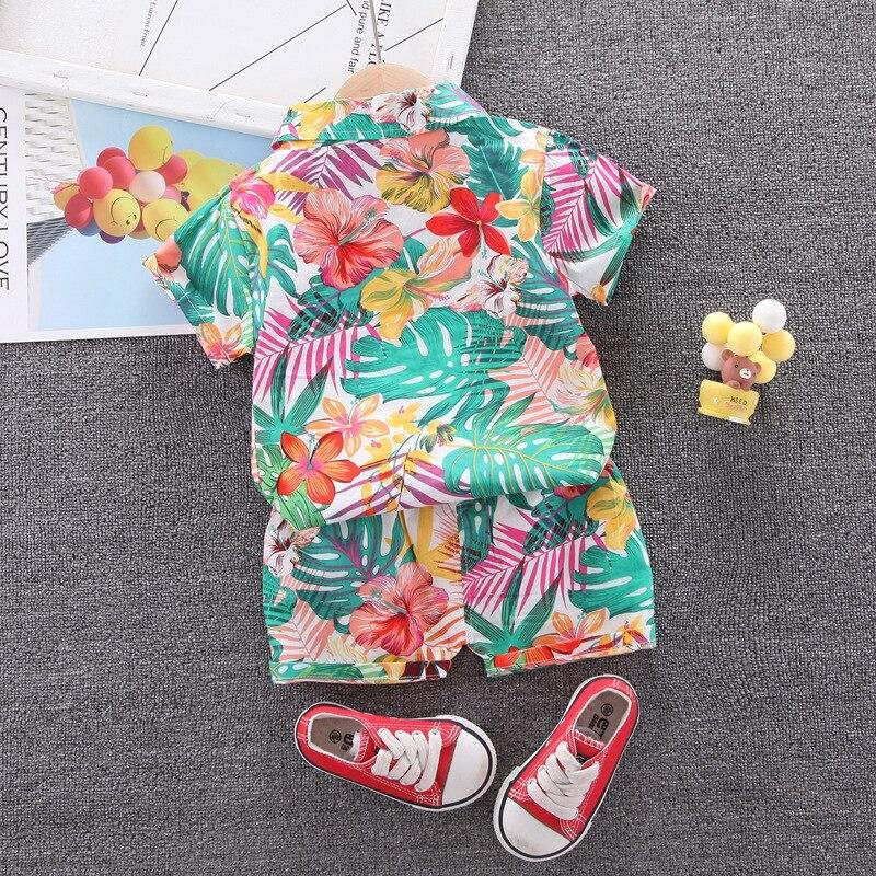 Baby Flower Print Clothes Boys Beach Set 1 2 3 4 Years Children Outfit Fashion Kids Thin Shirt + Shorts 2 PCS Costume 2 Colors