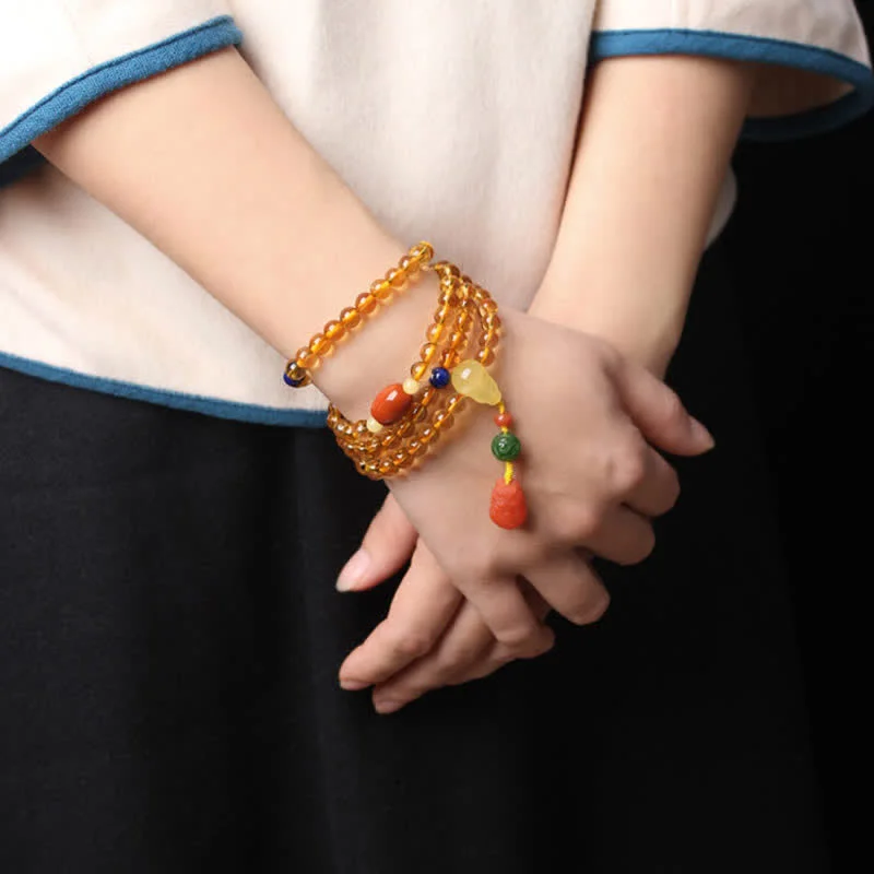 Natural Citrine Amber 108 Mala Beads Peace Buckle Red Agate PiXiu Protection Charm Bracelet