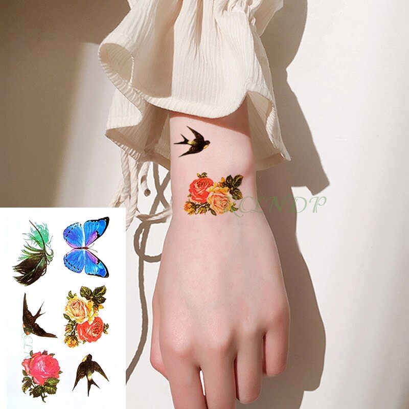 Gingf Waterproof Temporary Tattoo Sticker Beautiful Flower Rose Butterfly Bird Fake Tatto Flash Tatoo Wrist Foot Hand for Girl Women