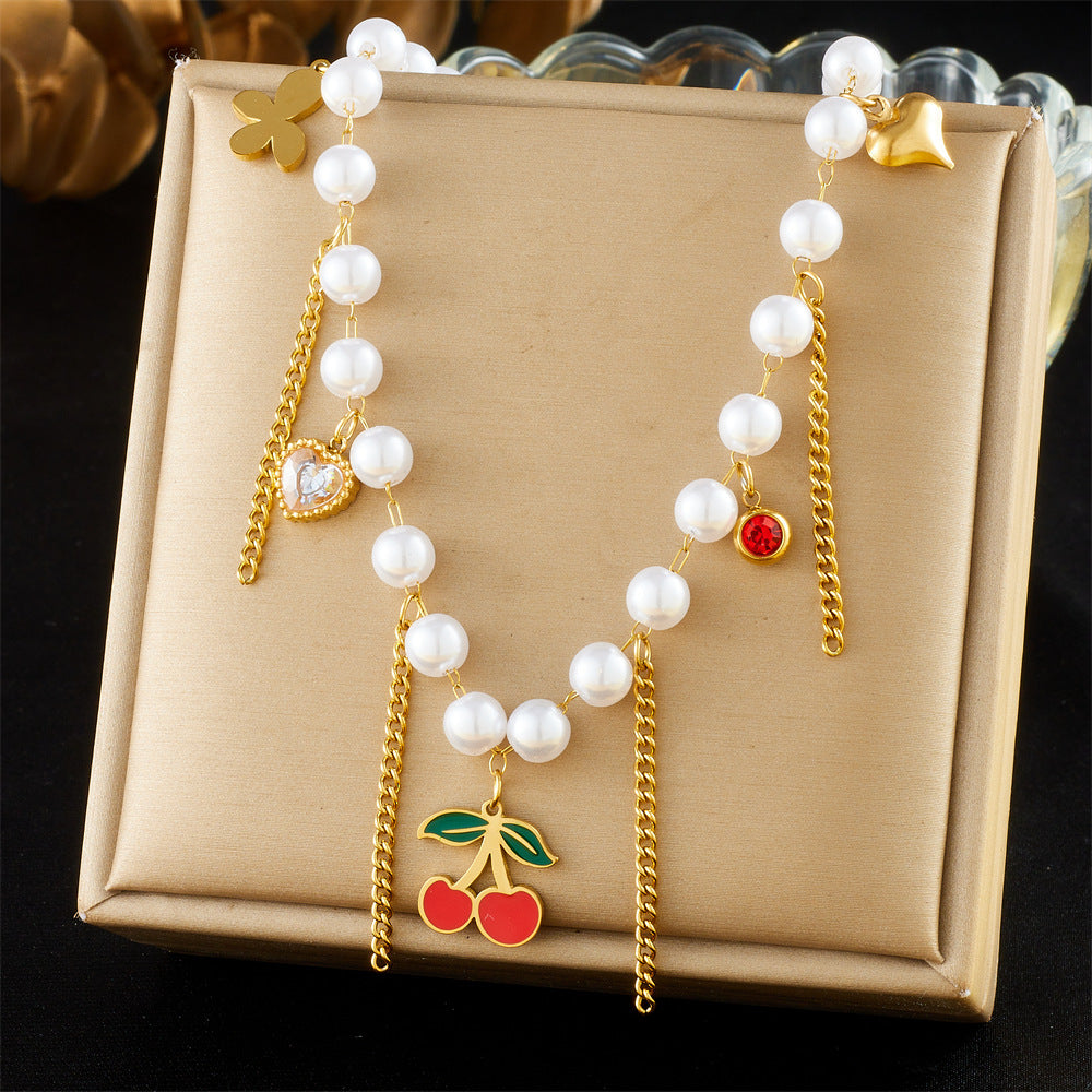 Korean Style Sweet Pearl Chain Tassel Oil Drop Cherry Love Butterfly Pendant Accessories Necklace