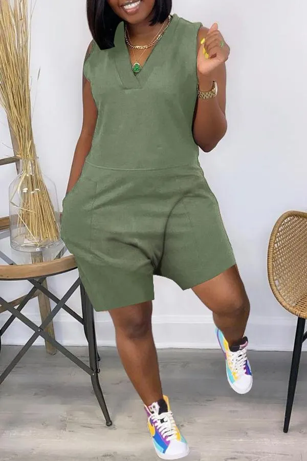 Casual Solid Buttons Backless Cross Straps V Neck Loose Rompers
