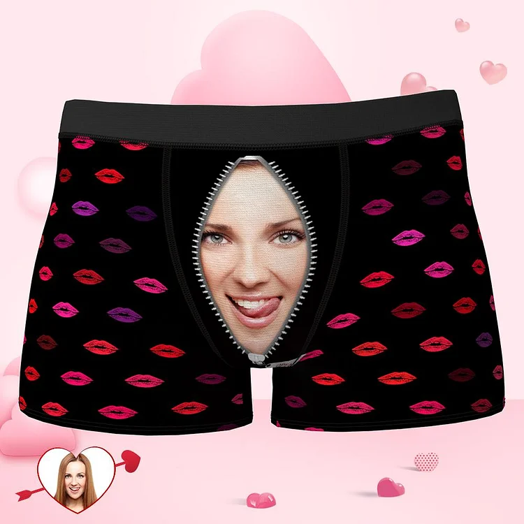 Custom Face Boxer Lip Print on Zipper Boxer Shorts Valentine's Day Gifts