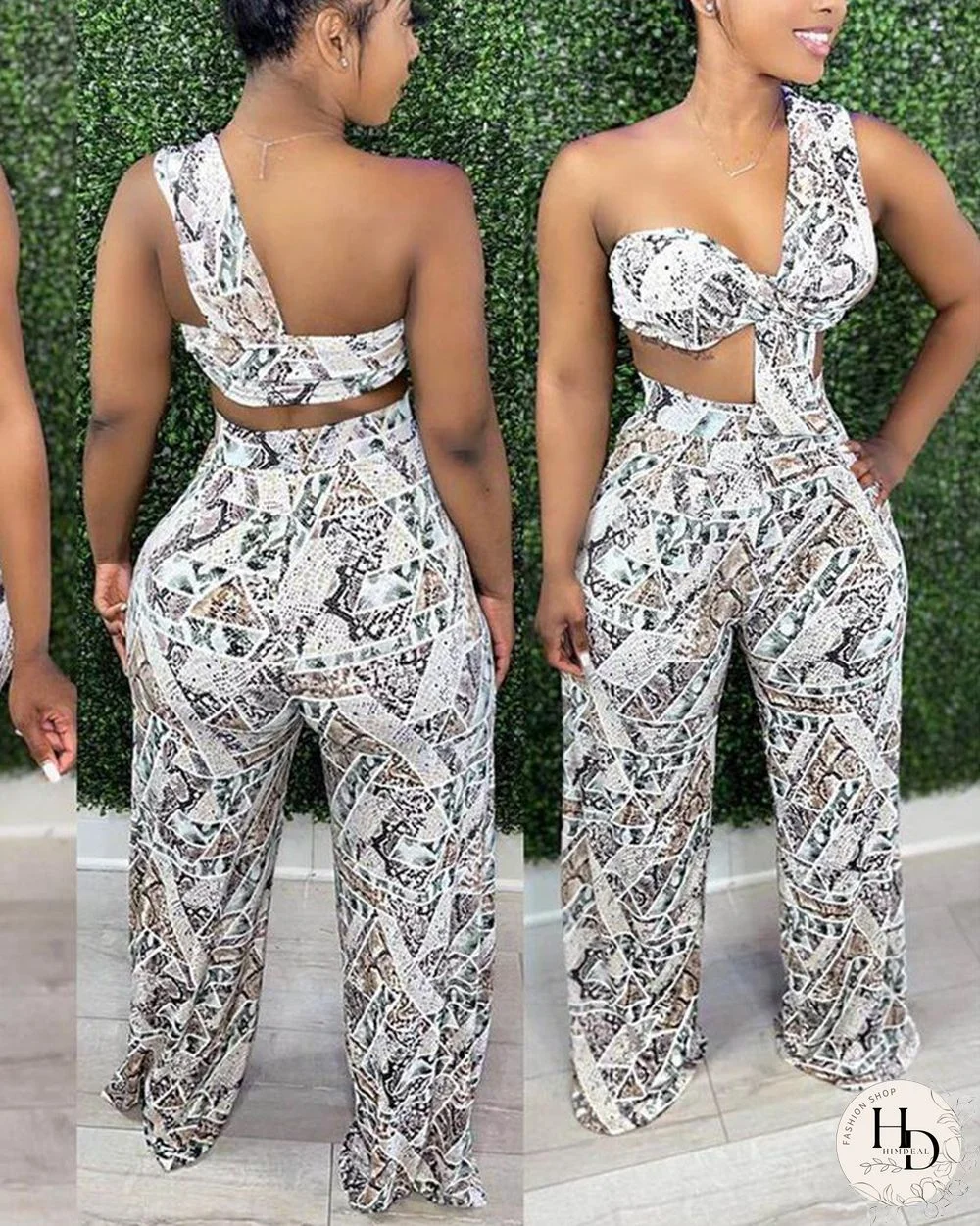 All Over Print One Shoulder Tube Top & Wide Leg Pants Set