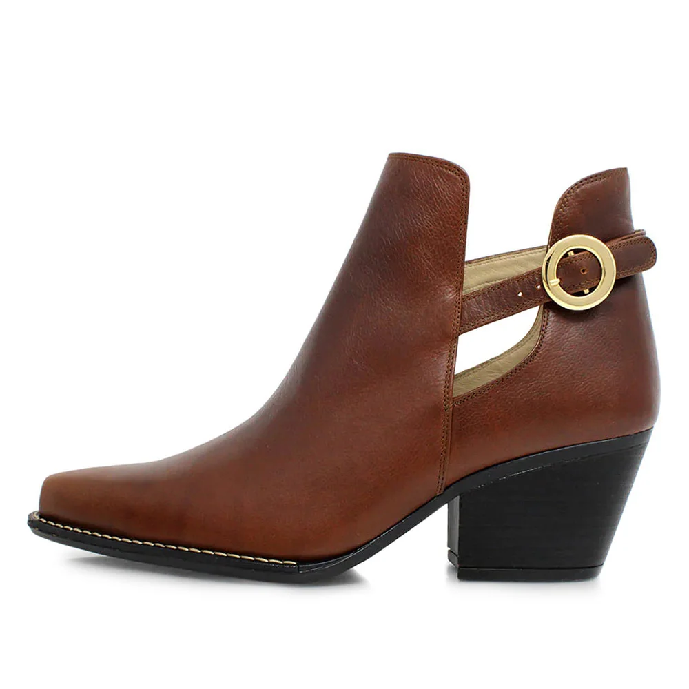 Brown Pointed Toe Cut-Out Chunky Heel Buckle Strap Ankle Boots