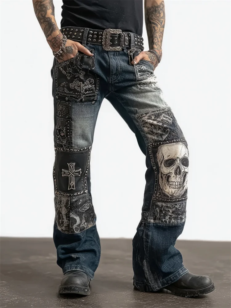 Men's Rock Skull Cross Patchwork Studded Washed Bootcut Jeans