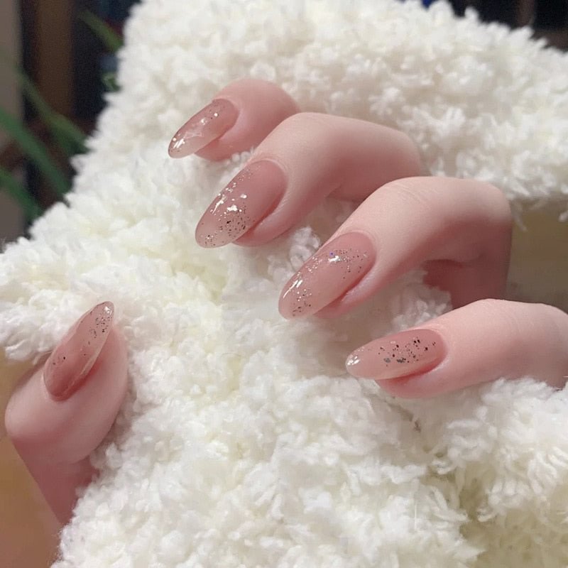 24pcs Long Style Gentle Girl Shimmering Powder Decor Popular Round Head Wearable Full Cover Finished Fake Nail with Glue TN
