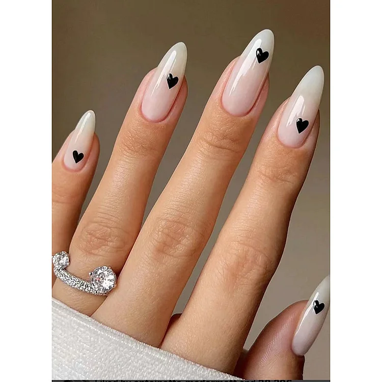 White Black Small Heart Water Drops Almond Nail Simple  Style Wear Manicure Ins Internet Celebrity Same