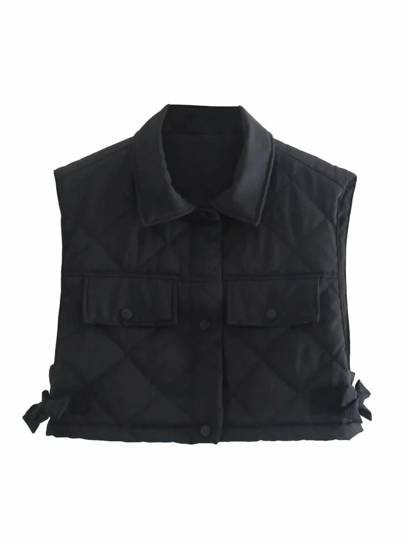 Stylish Chic Black Pocekts Quilting Cropped Vests Women 2021 Fashion Side Buttons Tie Turn-down Collar Waistcoat