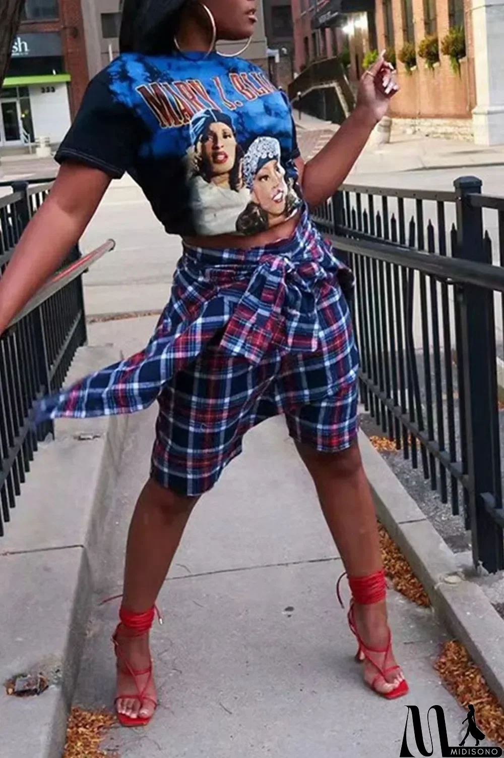 MidiSono - Turquoise Casual Street Plaid Print Bandage Split Joint High Waist Straight Full Print Bottoms