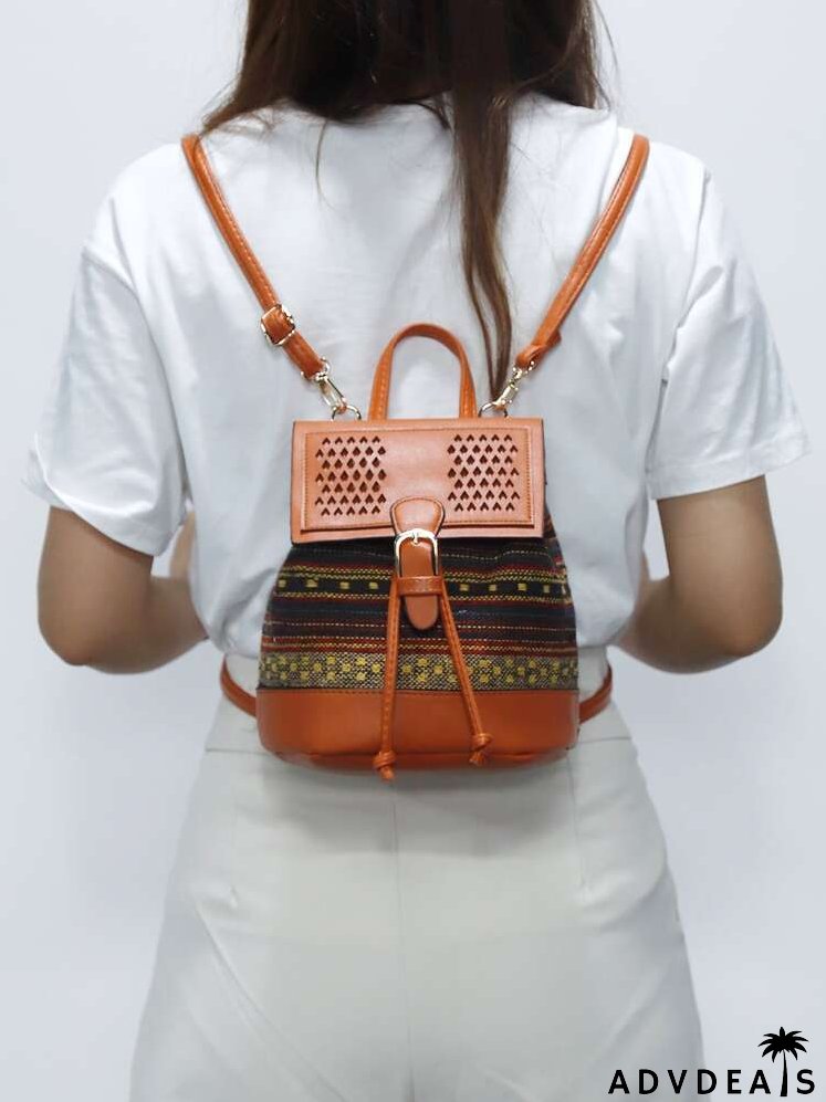 Colorblock Buckle Decor Flap Backpack