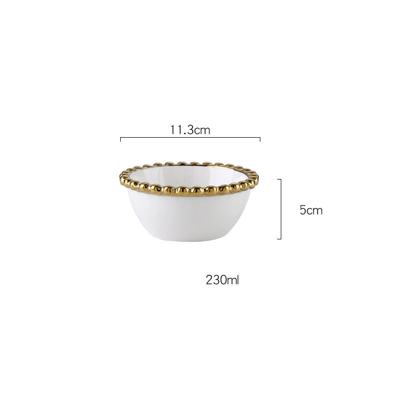 Light Luxury Style Phnom Penh Pearl Point Ceramic Bowl Plate Tableware Household Western Food Plate Steak Plate Fruit Salad Bowl Dessert Bowl