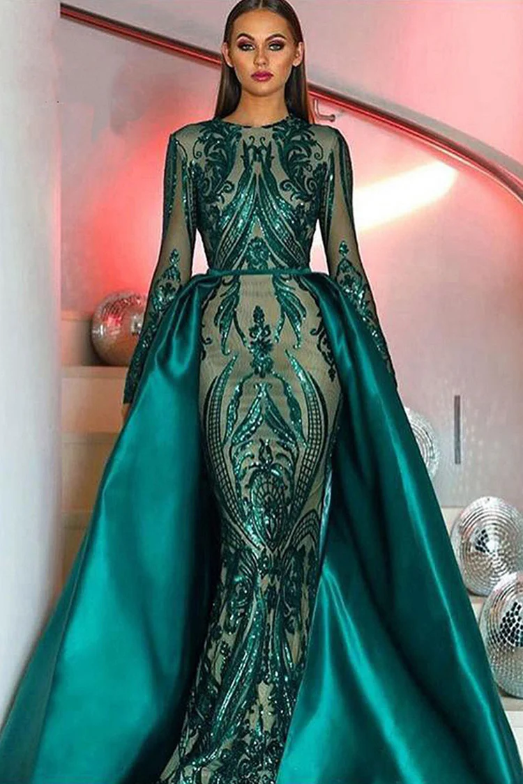 Lace Sequin Overskirt Mermaid Maxi Dress-Dark Green