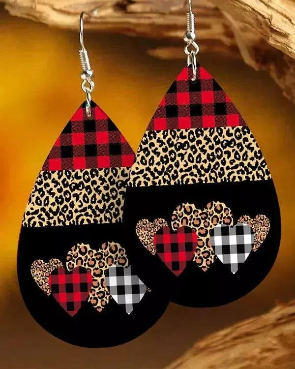 Valentine Leopard Plaid Heart Earrings