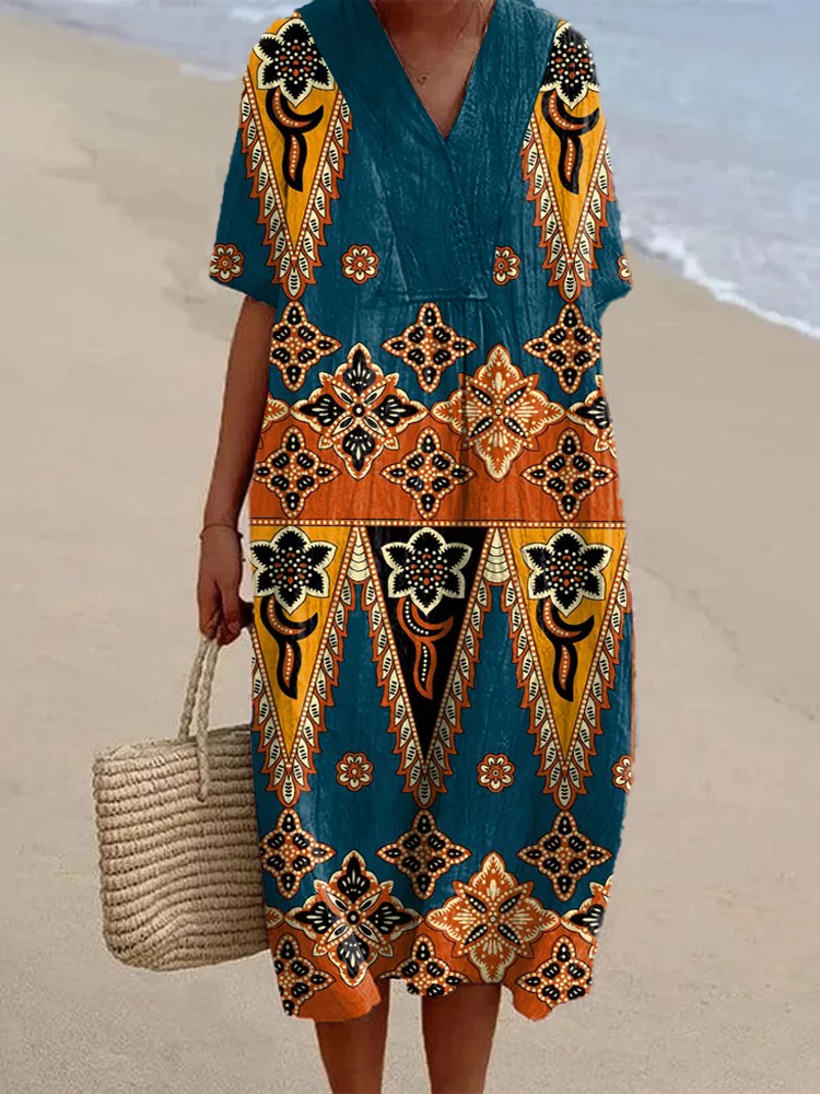 Ethnic Floral Pattern Women's Linen Maxi Dress