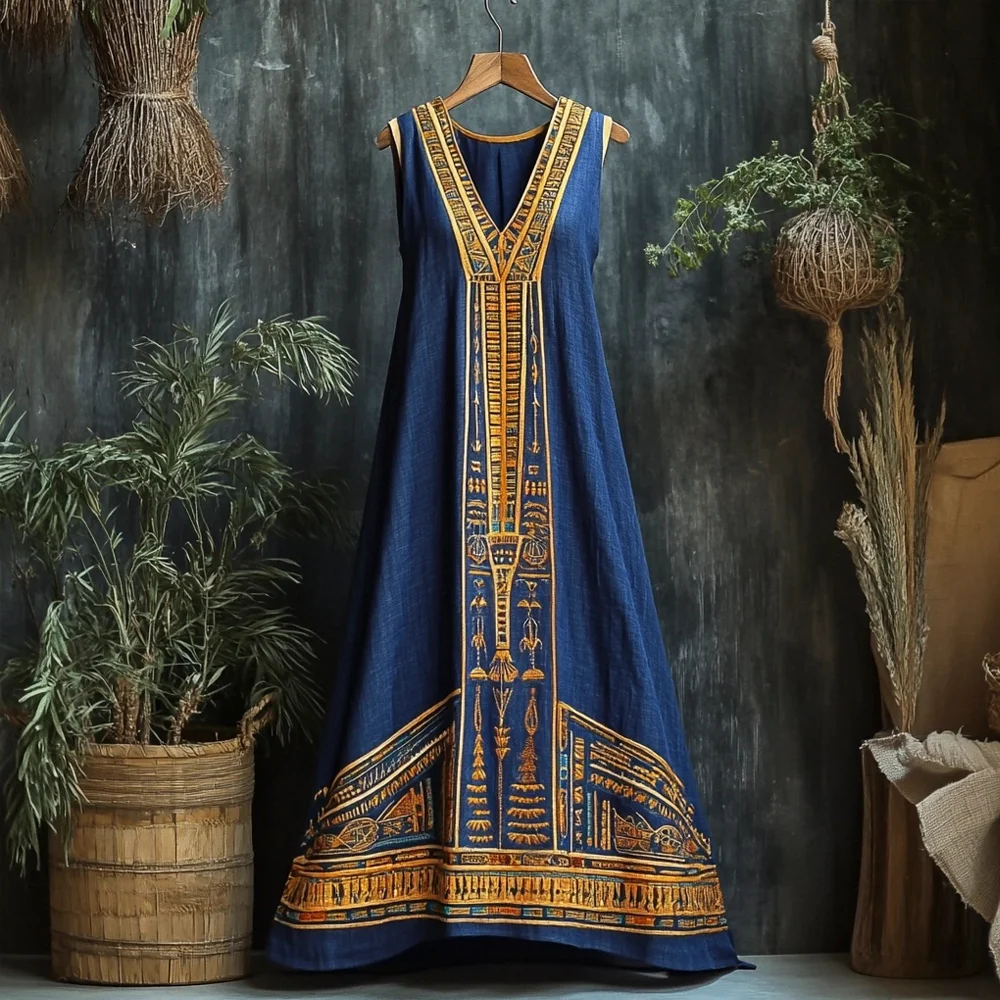 Egyptian Hieroglyphic Print Women's Linen Vest Maxi Dress