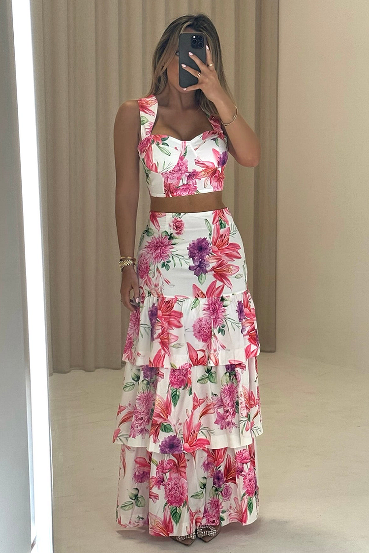 Floral Print Crop Top Tiered Maxi Skirt Matching Set-Pink [Pre Order]
