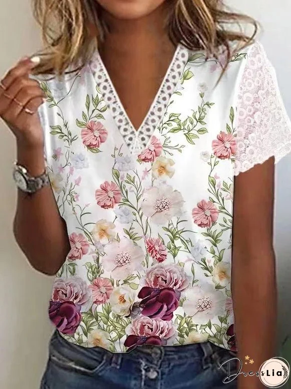 T-Shirts V-Neck Printed Lace Short Sleeve T-Shirt for Women