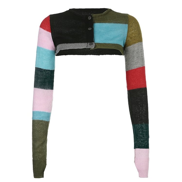 Sweetown Colorblock Stripe Knitted Beach Smock Tops Y2K Fashion Button Up Long Sleeve Casual Sweat Shirts Women Vacation Tees