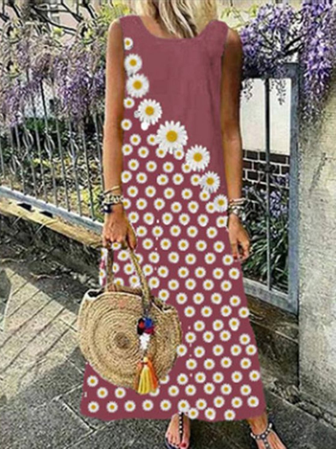 Floral Round Neck Vacation Dress