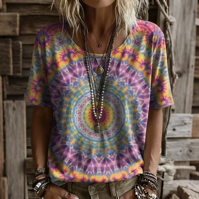 Comstylish Women's Retro Tie Dye Geometric Art Print Crew Neck Short Sleeve T-shirt