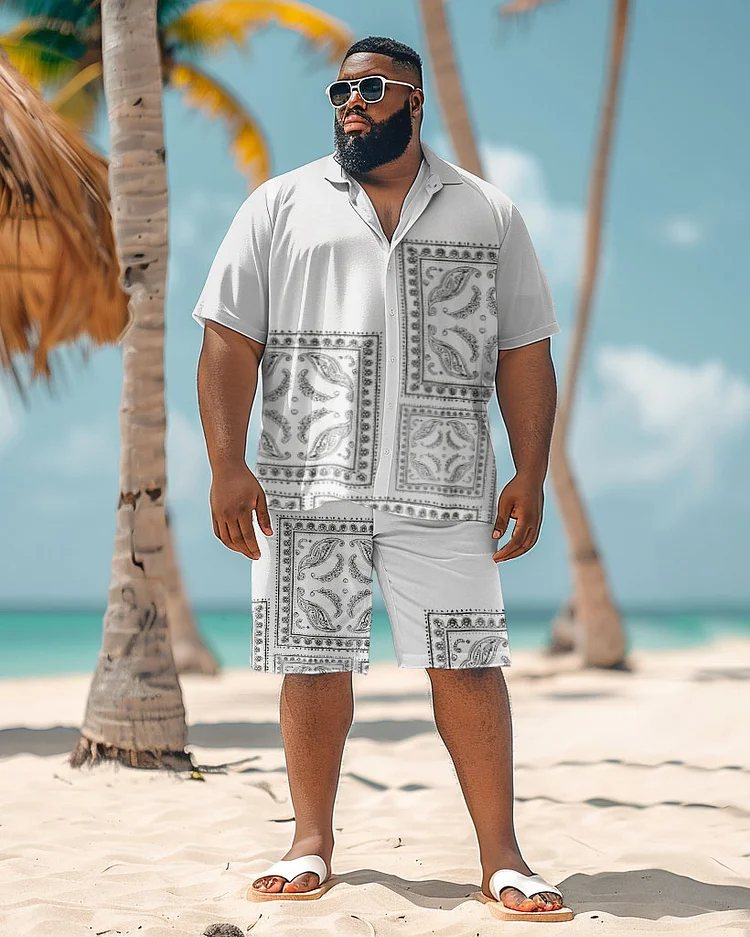 Men's Plus Size Simple Hawaiian Plant Print Shirt Shorts Suit