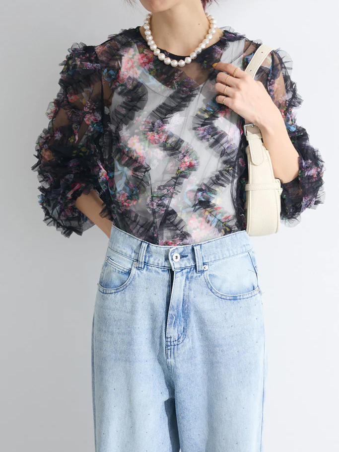 Sheer Floral Pattern Ruffled Edge Puff Sleeve Blouses