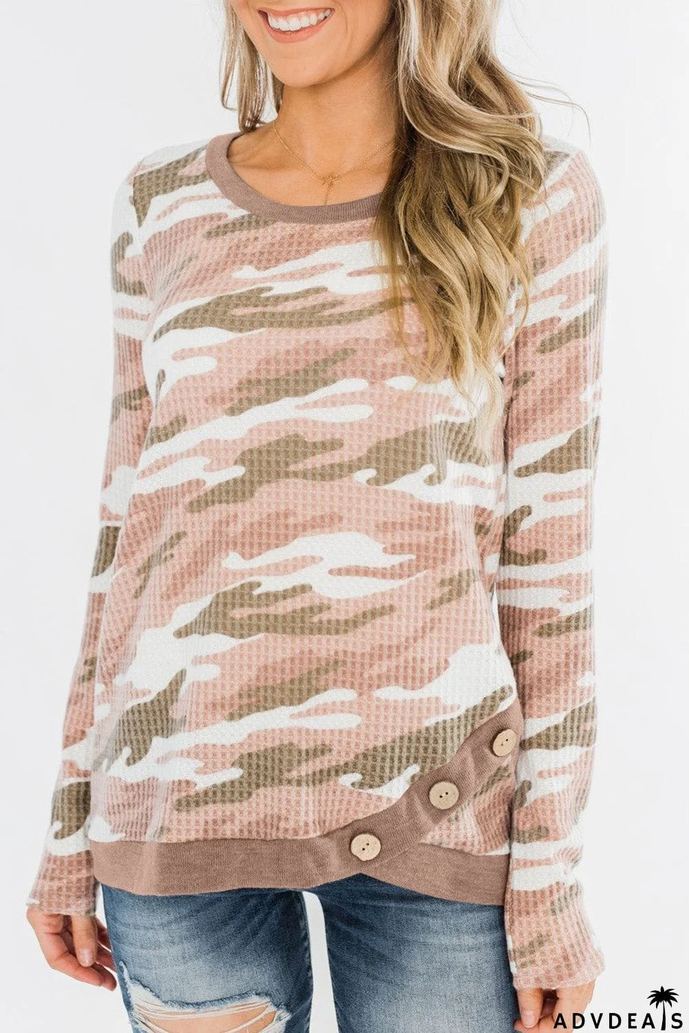 Camo Print Button Waffle Knit Long Sleeve Top