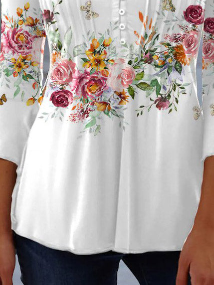Women 3/4 Sleeve V-neck Floral Printed Tops