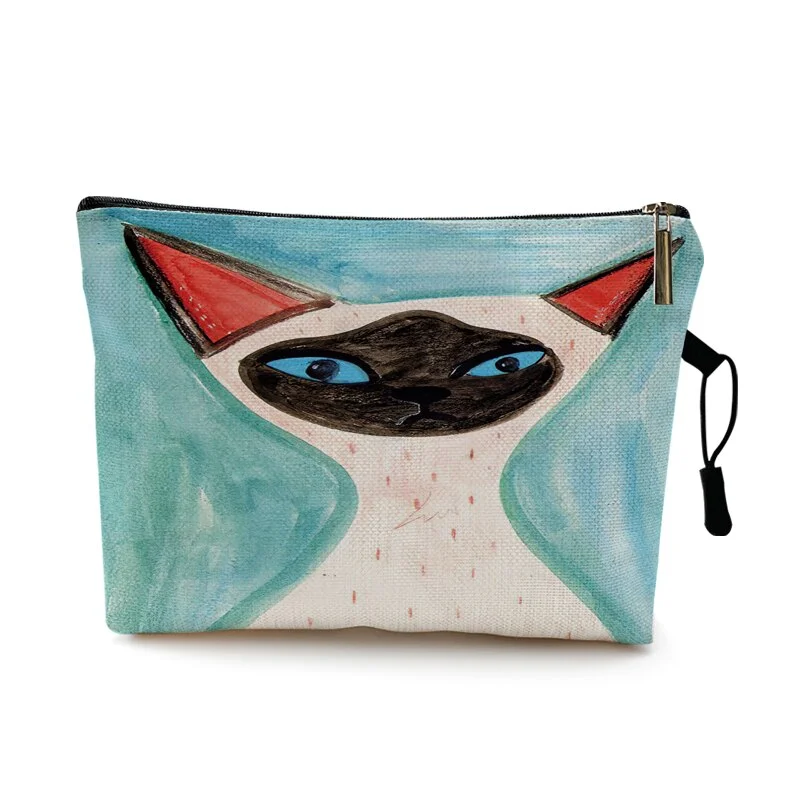 Abstract Colorful Cat Print Cosmetic Bag Cute Cartoon School Pencil Bags Lipstick Bag Kawaii Makeup Brush Organizer Pouch