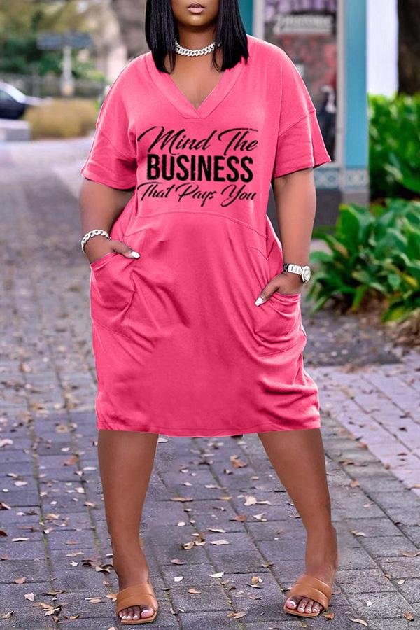 BUSINESS Print Plus Size V Neck Mid Sleeve Dress