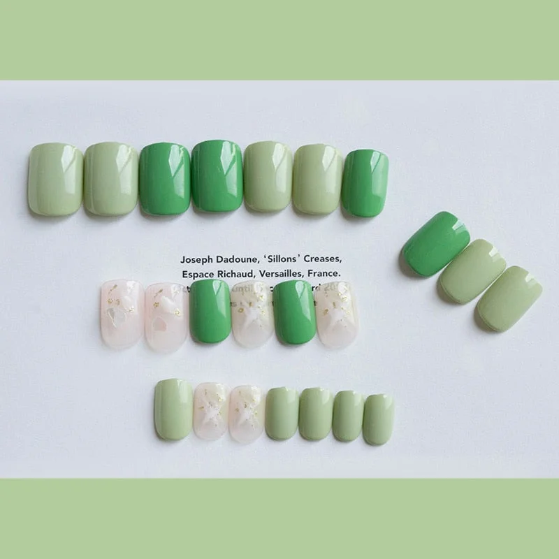 false nails short Green Solid Color with Gold Foil and Shell 3D Decoration Fake Nails Cute Bride Fake Nails Full Nail Tips