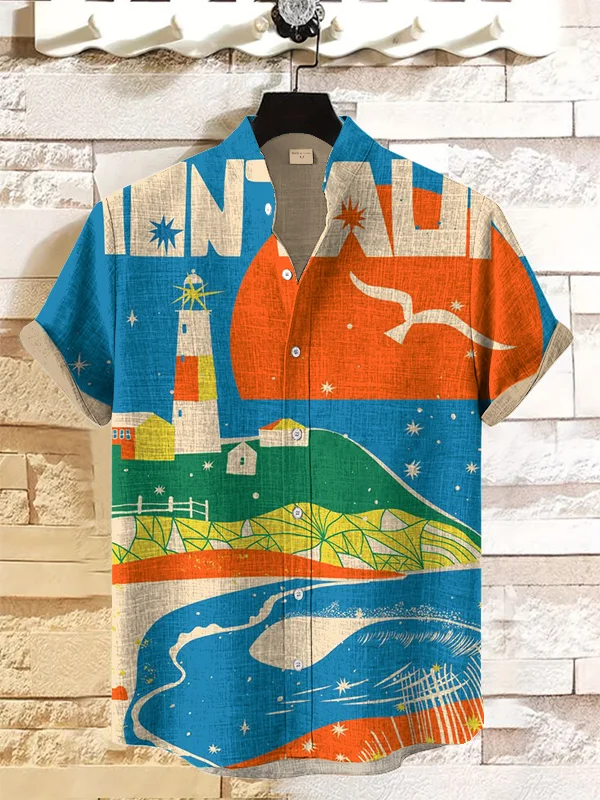 Men's Sea Lighthouse Scenery Color Block Art Print Shirt