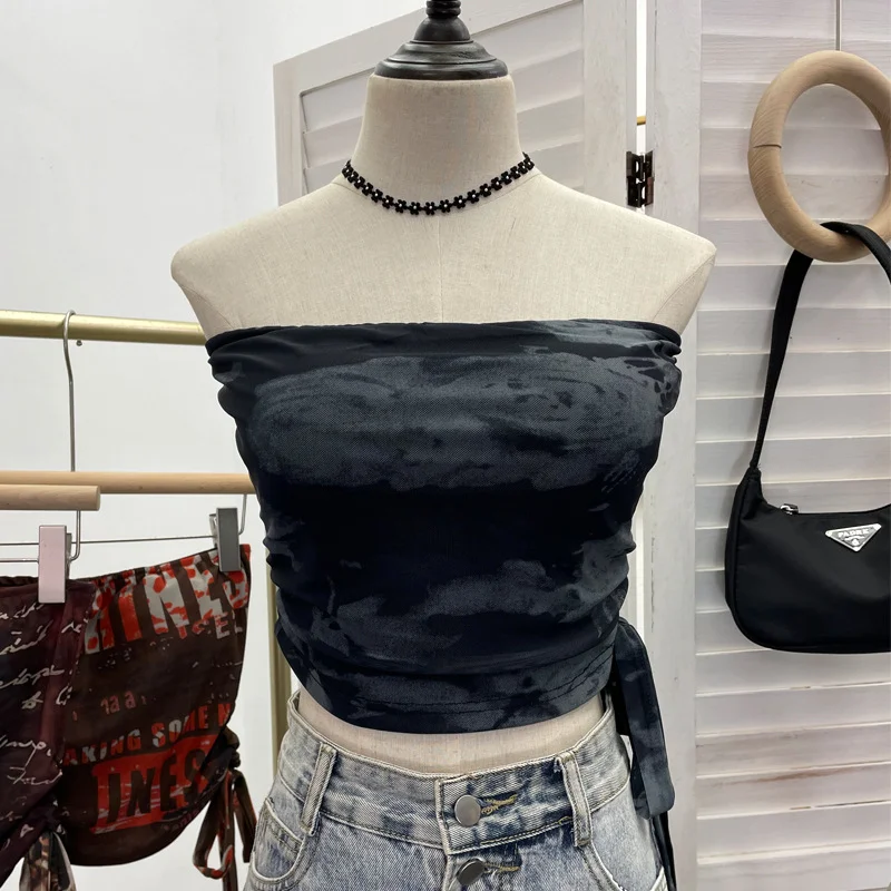 Brownm Explosion Recommended Y2k Hottie Braid Small Sling Belt With Chest Mat Tie Mesh Yarn Tidly Wrapped Bra T-Shirt 1391