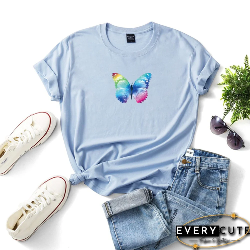 Light Blue Reflective Butterfly Print Cotton Tees