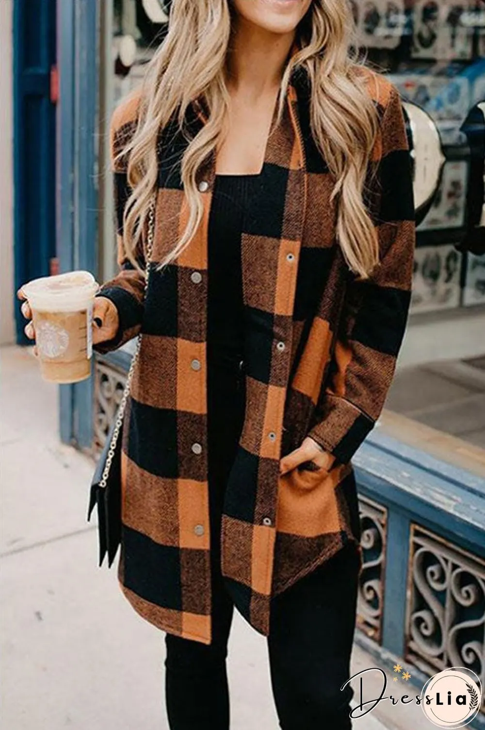 Casual Mid Length Plaid Print Coat