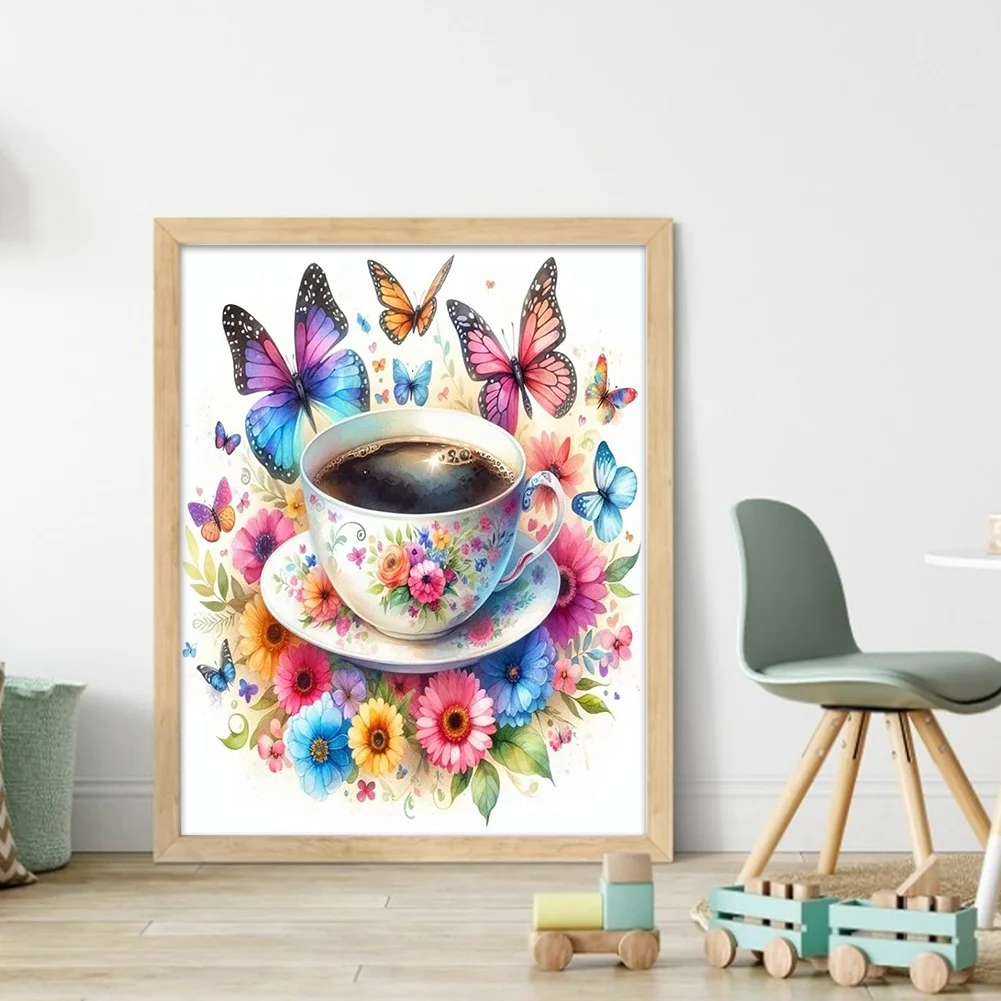 11CT Full Stamped Cross Stitch - Flower Butterfly Coffee(Canvas|40*50CM)