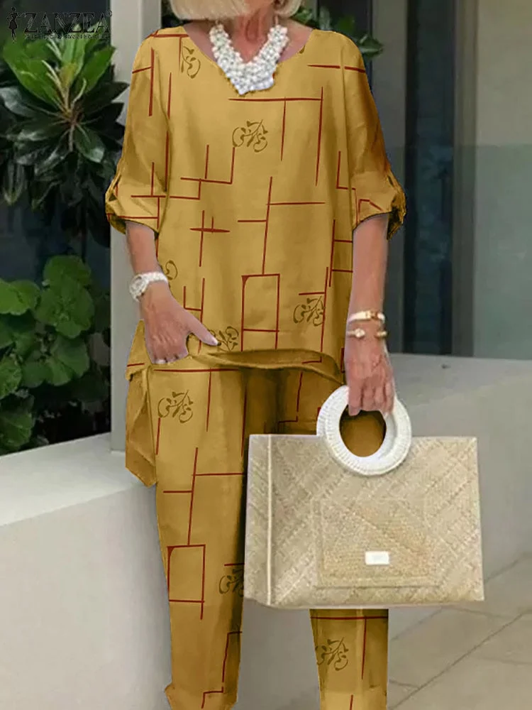 2PCS Summer Suits Women Vintage Printed Urban Tracksuit ZANZEA Two Piece Sets Casual Half Sleeve Blouse Pants Sets Matching Sets