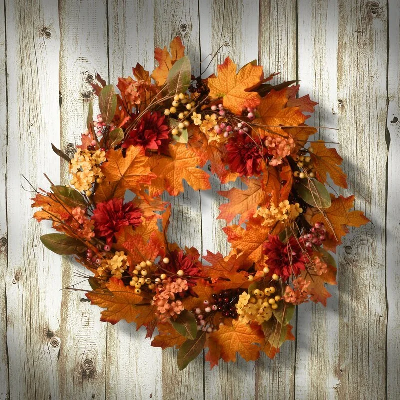 Red Flower Berry Cluster Maple Leaf Fall Wreaths For Front Door