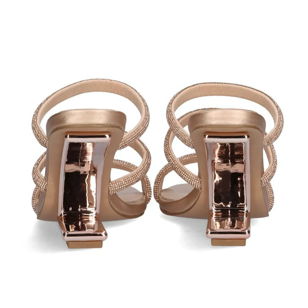 Gold Square Toe Sculptural Heel Slide Sandals Women with Rhinestone