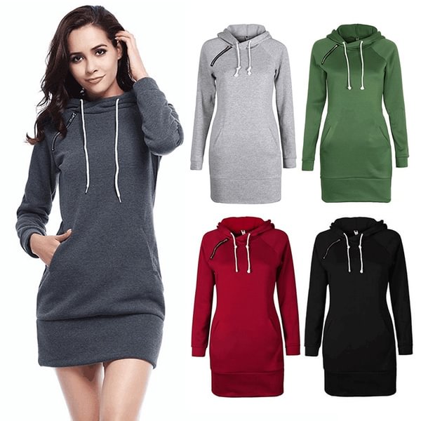 Women Casual Long Sleeved Sweater Dress Zipper Hooded Fashion Pullovers Sweatshirt Plus Size S-5XL - BlackFridayBuys