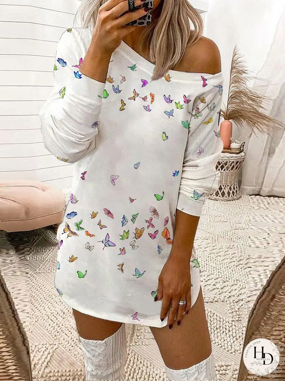 Butterfly Print Long Sleeve T-Shirt Dress