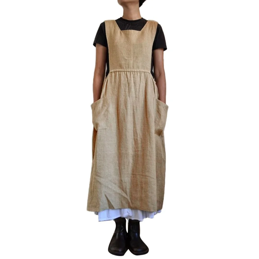 Dresses for Women 2021 Solid Color Sleeveless Square Neck Pockets Cotton Linen Apron Loose Long Dress Casual Overalls