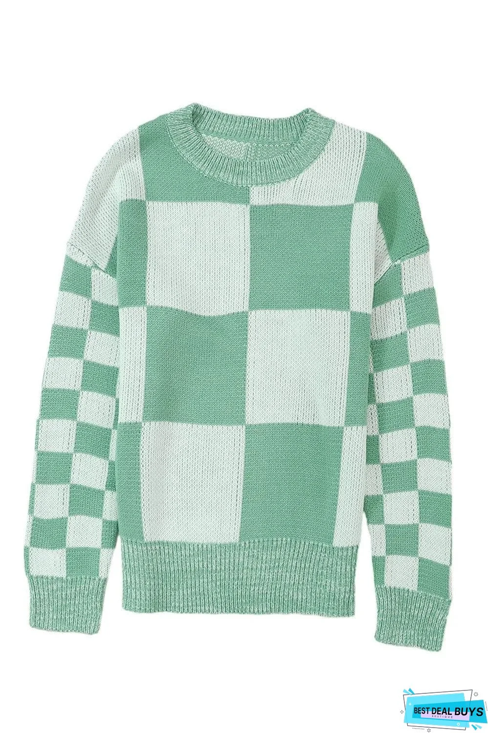 Mint Green Checkered Print Drop Shoulder Sweater