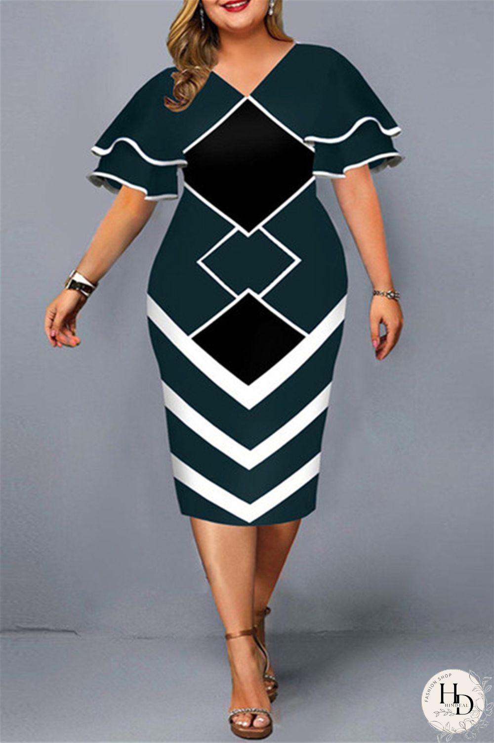 Yellow Fashion Casual Plus Size Print Basic V Neck Short Sleeve Dress