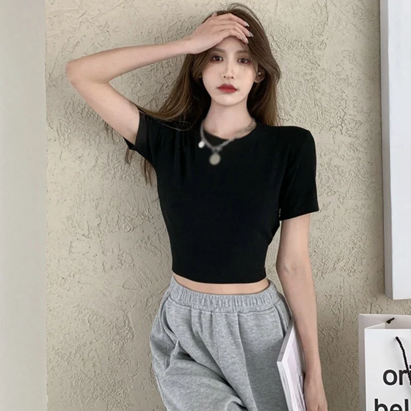 Women's T-Shirt Skinny Stretch T-Shirt Cropped Navel Bottoming round Neck