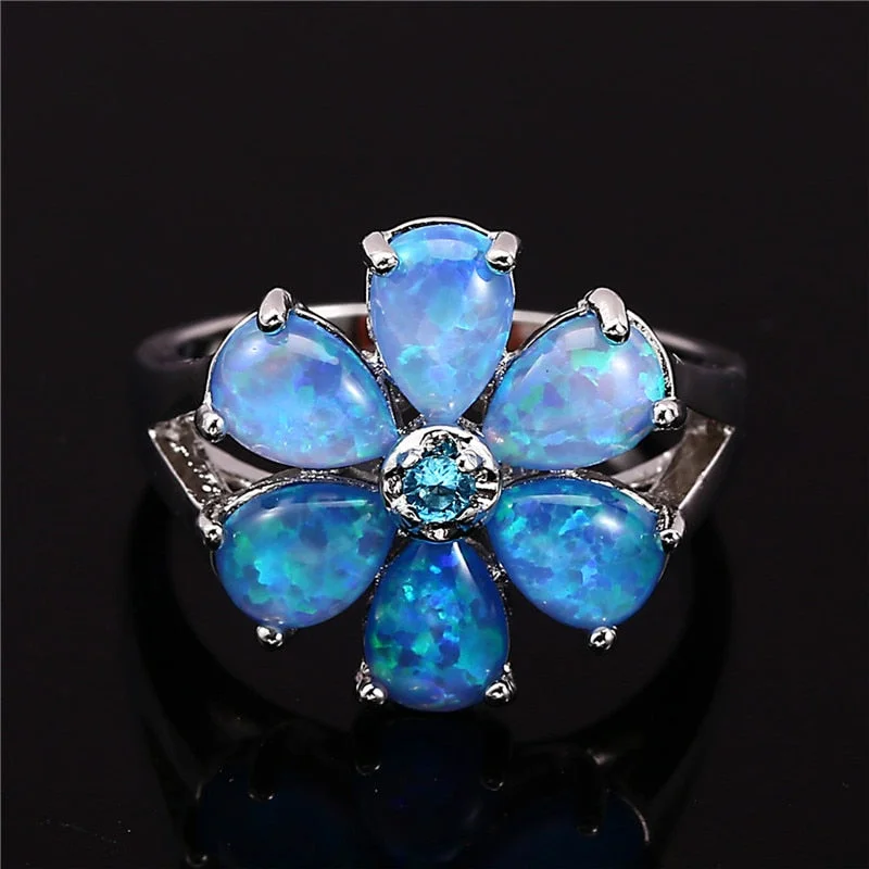 Luxury Female White Blue Fire Opal Stone Ring Gold Silver Color Engagement Ring Charm Crystal Flower Wedding Rings For Women