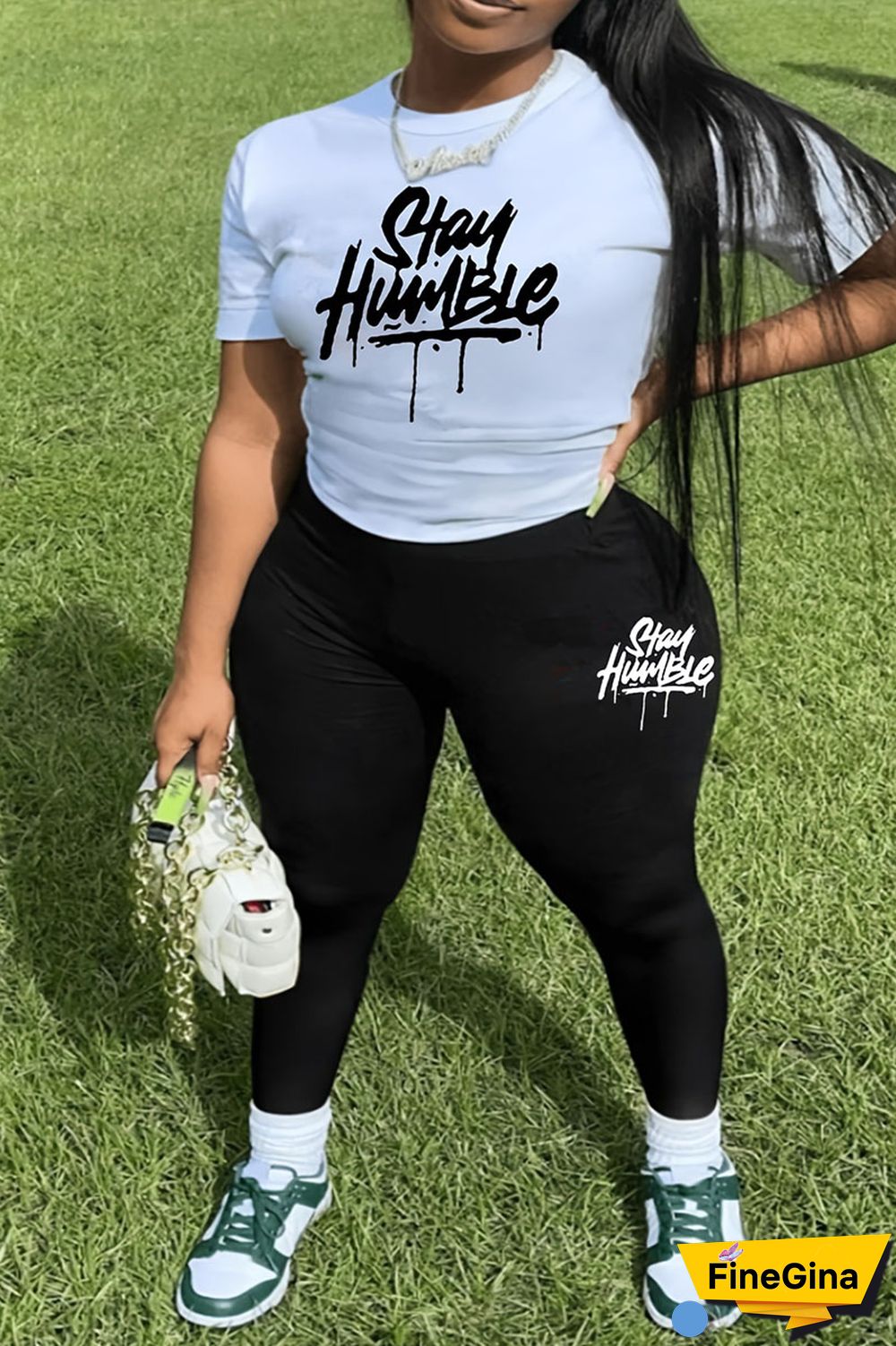 Black And White Casual Print Patchwork O Neck Plus Size Two Pieces